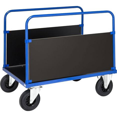 Kongamek Plattformwagen in blau 1000x700x900mm mit MDF-Platte und 2 stirnseitigen Wänden mit Gummibereifung ohne Bremse