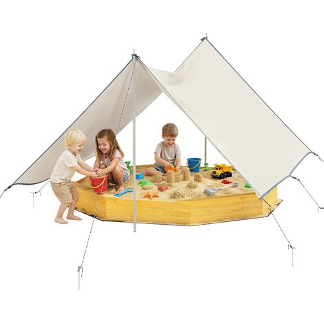Bac à sable en bois avec auvent, bac à sable enfant extérieur avec 4 bancs, doublure de fond, jaune (1/5)