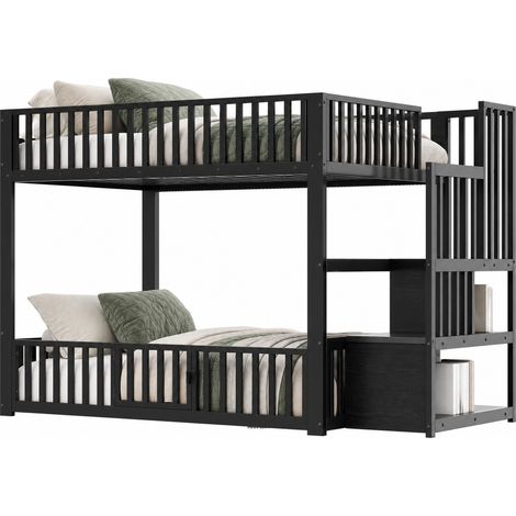 Letto a castello 140x200 cm in metallo e MDF nero con LED e scala contenitore - CHICFURN (1/5)