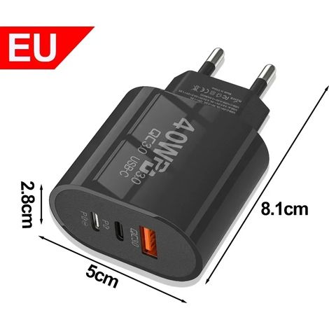 Chargeur rapide USB Type-C 40 W avec 2 ports PD et 1 port QC 3.0 (normes US/EU) pour iPhone, Samsung et Xiaomi. (1/5)