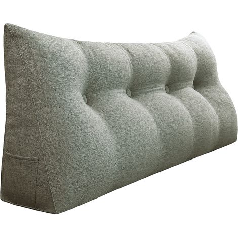 VERCART Großes Bettruhe Keilkissen, Lang Lesekissen, Dekoratives Kopfteilkissen, Dreieckiges Rückenkissen, Loungekissen für Tagesbett oder Couch, Leinenmischung Grau, 140cm