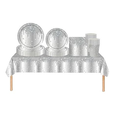 Argent Brillant Strass Jetables Vaisselle Set, Papier Tasses Serviettesr Assiettes Set, pour Barbecue les Fêtes les Pique-niques Enfants Adultes Mariages et Noël (1/5)