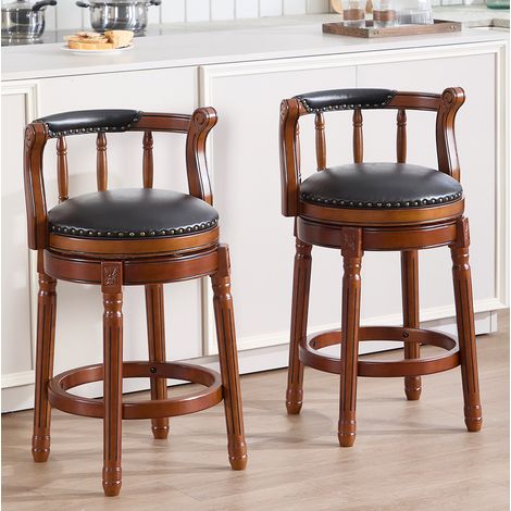 Taburete de bar giratorio con respaldo, asiento de cuero negro, estructura de madera HAVRYA (1/5)