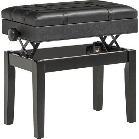 Tabouret de piano réglable en hauteur avec espace de rangement, coussin en cuir, noir, 63 x 35 x 46-56 cm (1/5)