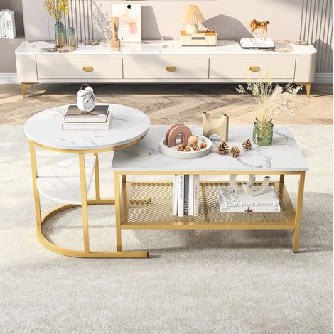 Mesa auxiliar nido (89x57x11 cm), diseño de lujo ligero, almacenamiento multicapa, madera y acero inoxidable, dorado (1/5)