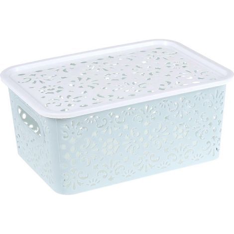 Boîte de rangement empilable en plastique ajouré, motif rétro délicat, panier de rangement avec couvercle pour vêtements, cosmétiques, papiers et jouets - Petite taille (bleu ciel)-24.00X17.00X10.50CM (1/2)