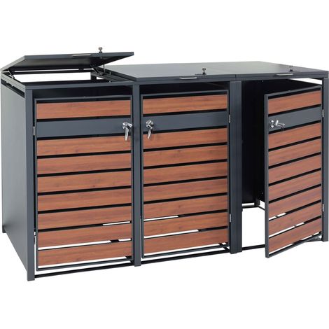 [NEUWERTIG] XL 3er/6er-Mülltonnenverkleidung HHG-409, Mülltonnenbox, Metall 95kg anthrazit Kirsche-Holzoptik dunkelbraun