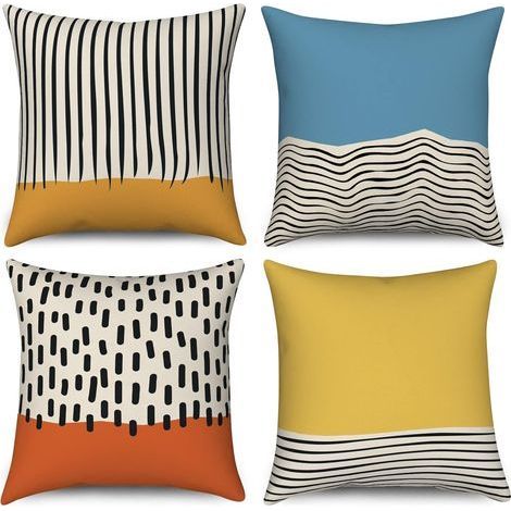Lot de Housse de coussin Boho 45x45 Set de , Mid Century Abstrait Moderne Géométrique Décoratif Housses de coussins Bleu Jaune Brûlé Orange Housse de coussin en lin pour canapé Lit Jardin Home Decor (1/5)