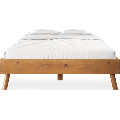 Idimex – Lit adulte en pin massif chêne 140x200 cm – Design minimaliste sans tête – Barre centrale avec 4 pieds de soutien – Assemblage facile (1/4)