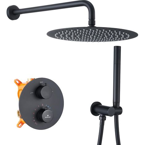 1 Système de Douche Encastré Thermostatique 38℃,Colonne Noir 30cm,Douchette Main,Laiton,Salle de Bain