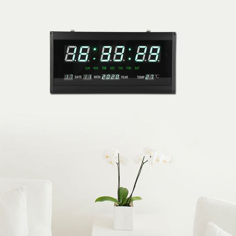 LED-Digitaluhr mit ewigem Kalender, Wanduhr für Wohnzimmer und Büro, EU-Stecker 110–220 V, schwarzes Gehäuse, grüne Ziffern (1/5)
