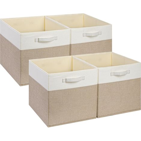 Cube Rangement Tissu - Lot de 4 - Lin et Plastique - Pliable Compatible Kallax - Blanc Kaki Clair - 33x38x33cm (1/5)