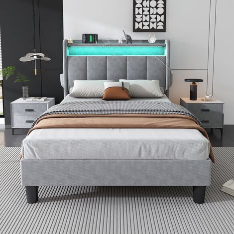 Upholstered Bed, 3FT single bed 90x190cm, Lower flap door storage, With LED light strip, 3 USB port+1 Type C, Durable and Sturdy, Youth bed, for adults & teenagers, Velvet, Grey
