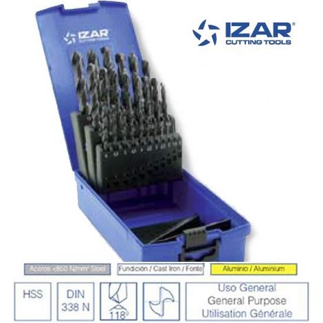 coffret 25 forets HSS DIN338N Izar de 1 à 13 mm par 0.5 mm