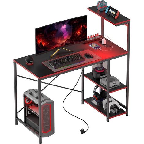 Bureau gaming noir en fibre de carbone avec LED 110x50 cm, prises, étagères et télécommande, style gamer moderne