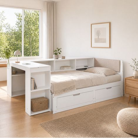 Letto allungabile con scrivania 237x128x75.5 cm, 2 cassetti, presa EU, legno ingegnerizzato bianco opaco (1/5)