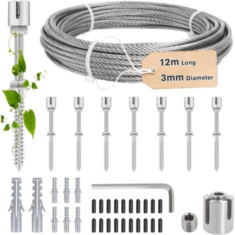 Tuteur pour Plantes Grimpantes en Acier Inoxydable, 12 m de Long (Câble en Acier de 3 mm) et 8 Supports Pour Plantes Grimpantes Telles Gue Les Roses, Les Vignes et Les Tomates, Kit D'aide à L'escalade
