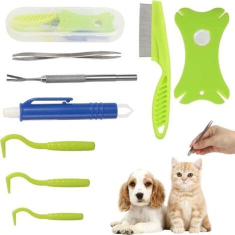 8 in 1 tick removal tool, including storage box, tick tweezers, flea comb and magnifying glass suitable for dogs, cats and other pets. (1/4)