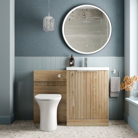 1100mm Fluted Bathroom Vanity Unit Set and Rennes Back-to-Wall Toilet Oak (1/4)