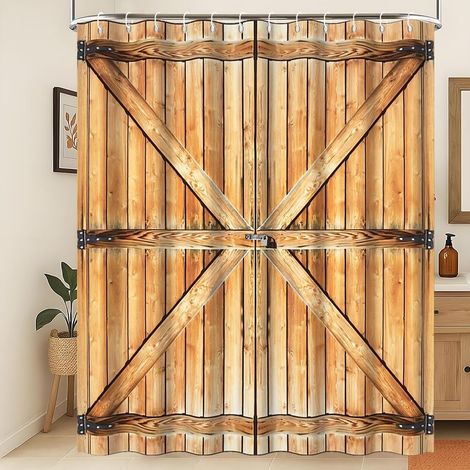 Rideau de Douche Rustique Porte en Bois Brun rétro Rideau de Salle de Bain imperméable Pays Occidental Harvest Ferme Grange Lavable Décoration de Salle de Bain de Style Fermier 240x180cm (1/5)