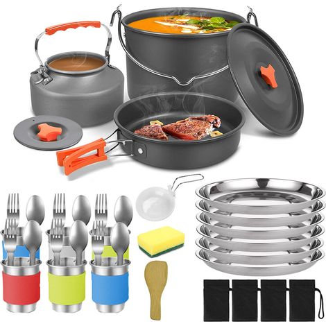 Set de cuisine de camping pour 6 personnes : casserole suspendue 4L, bouilloire 1.6L, poêle 1.5L et couverts inclus.couleur orange (1/5)