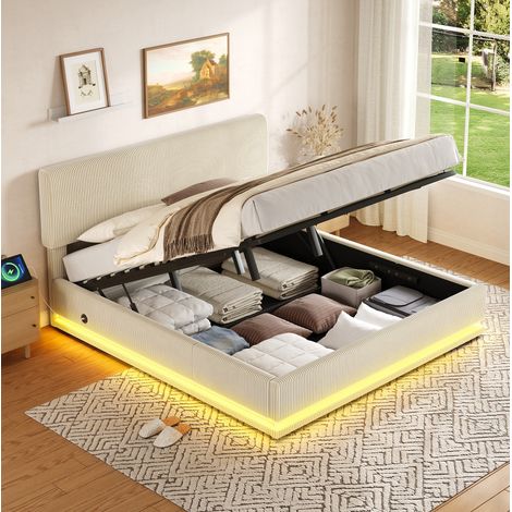 Cama dormitorio con LED USBC y almacenamiento beige HAVRYA (1/5)