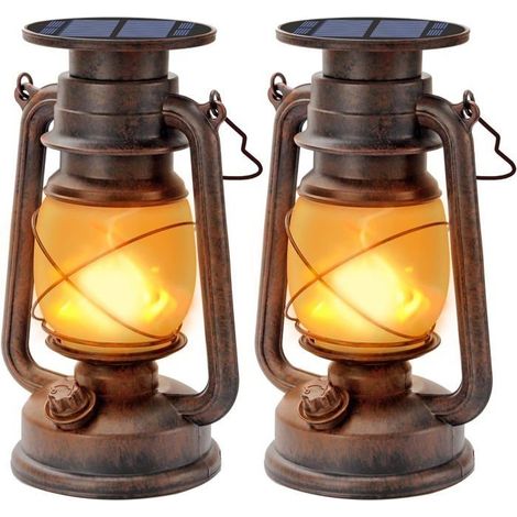 2Pcs Vintage Solaire Lanterne LED Tempête Rétro Lanterne Camping avec Effet de Flammes Lanterne D'extérieur Étanche Lampe Solaire[E (1/5)