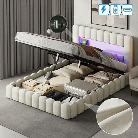 Fortuna Lai – Lit coffre 140x200 avec rangement – Tête de lit capitonnée lin beige – Éclairage LED et ports USB – Mécanisme à vérins hydrauliques
