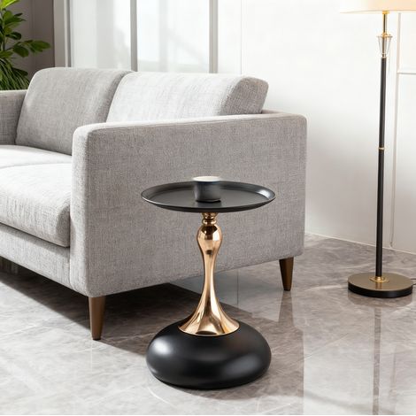 DESMIU Table d'appoint ronde avec plateau et base en métal, table de chevet compacte pour salon et chambre, noir et doré (1/5)