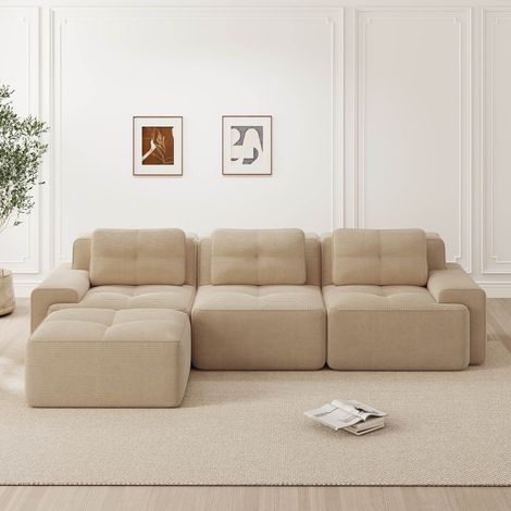 Canapé d’angle modulable 3 places beige en velours côtelé, canapé Cloud sans structure avec ottoman, assise profonde et base antidérapante, sans montage (1/5)