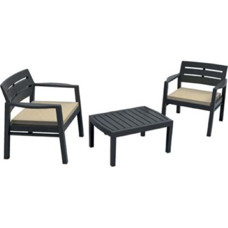 Set salotto da giardino Lombok due poltrone con cuscini e un tavolo in resina con doghe effetto legno antracite