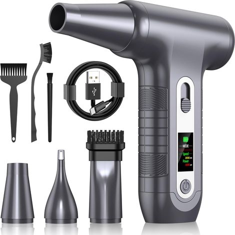 Souffleur Air Comprimé avec Écran Numérique HD - Mini Souffleur PC 200000 RPM, Lumière LED, Bombe Air Sec Nettoyage Clavier et Électroniques, Air Duster, W06, Argenté (1/5)