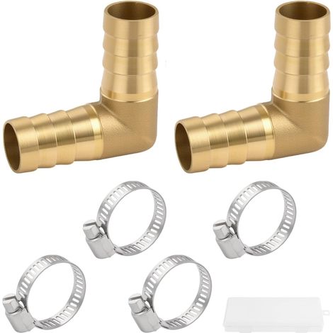 Kit de 2 Raccords Coude à 90° Laiton 5/8" avec 4 Colliers Inox, Jonction Angled Barbelée pour Tuyau Résistante aux Fuites pour Carburant, Air, Eau, Huile (16mm) (1/5)