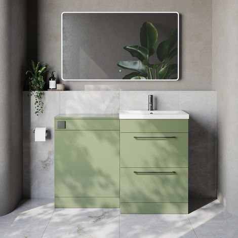 Napoli 390 Cento Olive Green 1200mm 2 Drawer Vanity Unit Toilet Suite with Glide Basin - 1200mm - Gunmetal Grey 320mm HandleWithout Kingston Toilet Pan