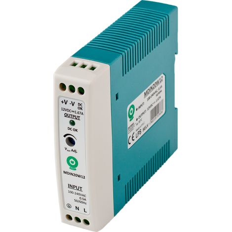 MDIN20W48: Alimentatore slim per guida DIN, 48 V/0,42 A, custodia in plastica