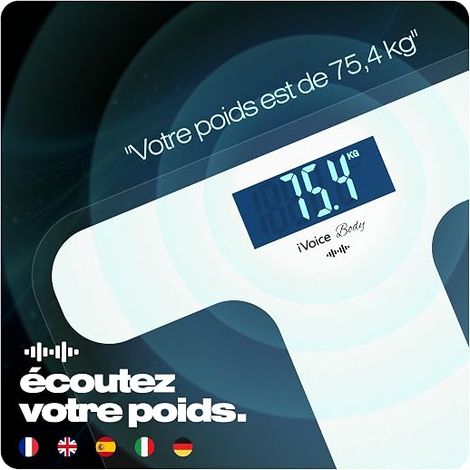 iVoice Pèse-Personne en et Multilingue, Aides Sonores et Vocales Pour Non-Voyants, Voix, du Poids, Piles, (Blanc) (1/4)