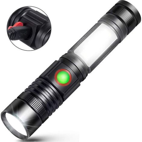 Lampe torche LED rechargeable USB avec puissante lampe COB militaire, lampe torche portable et zoomable pour garage, atelier, camping, bricolage (1/3)