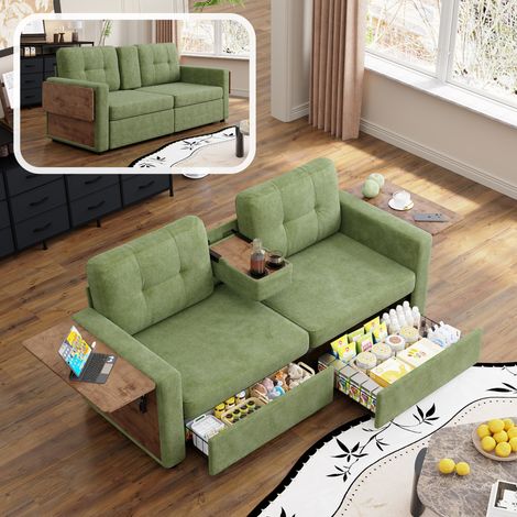 2-Sitzer-Sofa 178 x 71 x 57,5 cm aus grünem Chenille, Klapptische, platzsparend – MEUBLIV (1/5)