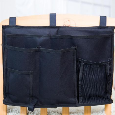 Organisateur de lit suspendu noir, rangement de chevet avec poches pour couches, magazines, télécommandes, téléphone, lunettes, livres, jouets, clés - idéal pour étudiants, chambres, dortoirs, pousset (1/5)
