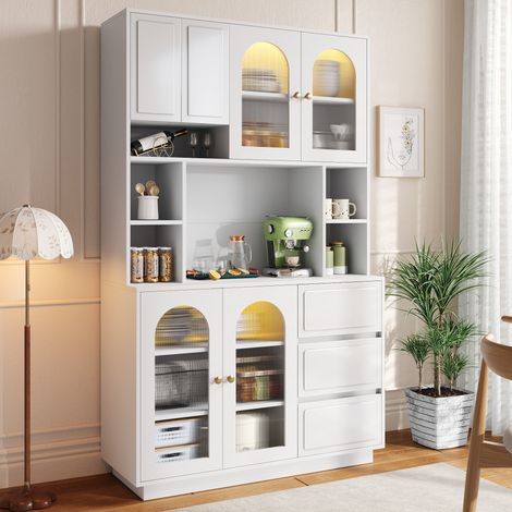 Buffet haut de cuisine 106x30x175 cm,LED RGB via appli,6 portes à inserts acryliques arqués,3 tiroirs,niches ouvertes,MDF,blanc (1/5)