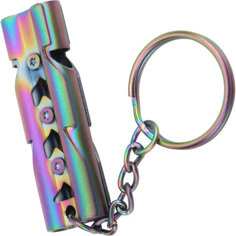 Sifflet de survie d'urgence en acier inoxydable pour extérieur, à double tube et à décibels élevés, avec porte-clés et titane coloré (1/5)