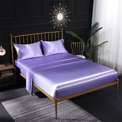 Ensemble de literie quatre pièces en satin de soie, comprenant drap-housse, drap et taies d'oreiller respirant, doux et confortable violet clair. (1/5)