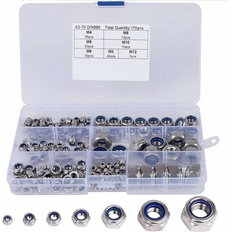 Dadi esagonali, kit assortimento di 170 dadi autobloccanti in nylon, dadi autobloccanti esagonali in acciaio inossidabile, 304 e nylon. Misure: M3, M4, M5, M6, M8, M10, M12