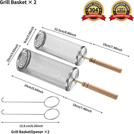 Panier à griller à roulettes - Le meilleur panier à griller jamais conçu, grille ronde en acier inoxydable - Cage à griller 24+22,5 avec poignée en bois allongée (1/2)