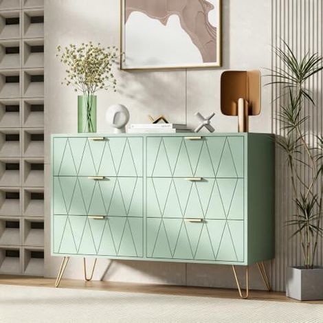 UEV Cassettiera Bianca 6 Cassetti, Comò in Legno, Mobile Cassettiera Salvaspazio per Camera da Letto, Soggiorno, 100 x 34 x 73cm, Verde Chiaro