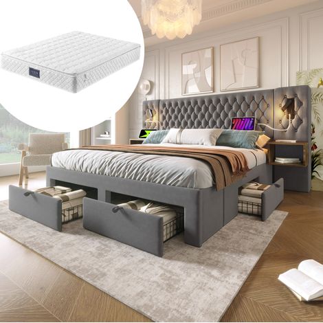 Cama tapizada de terciopelo gris 160x200 cm con 2 mesitas, 4 cajones, luces de lectura USB-C y colchón incluido (1/5)
