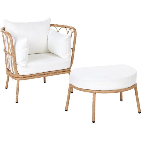 Garden Chair with Footstool Light Brown PE Rattan Steel Wicker Legs Off-White Cushions Garden Furniture FONNI (1/5)