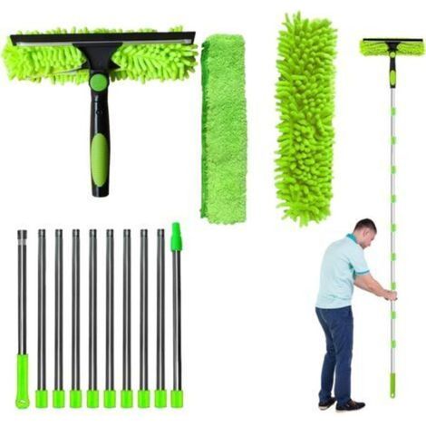 Kit de nettoyage pour vitres en hauteur (jusqu’à 4 m) – Balai télescopique 2-en-1 avec raclette en caoutchouc et chiffon en microfibre, idéal pour vitres, façades et véhicules (1/5)