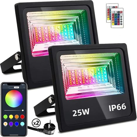 Lot de 2 Projecteurs LED RGB 25W Extérieur RGBW Couleur Bluetooth APP Télécommande, Rythme de la Musique IP66 Etanche Projecteur (1/5)