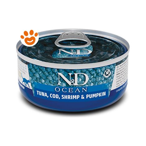 Farmina Cat N&D Ocean Adult Tonno, Merluzzo, Gamberetto e Zucca - Lattina 70 Gr - Cibo Umido Gatti